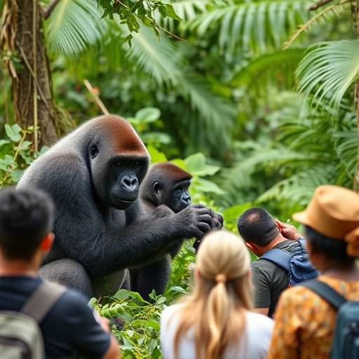A group of tourists observing a family of gorillas in Bwindi Impenetrable National Park, Uganda, during a gorilla trekking experience