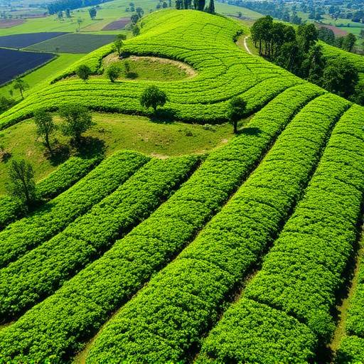 Aerial view of a lush green tea plantation in Uganda