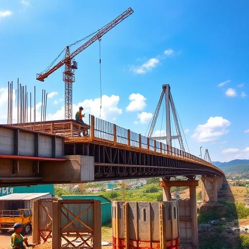 Construction workers building a bridge in Kampala, Uganda