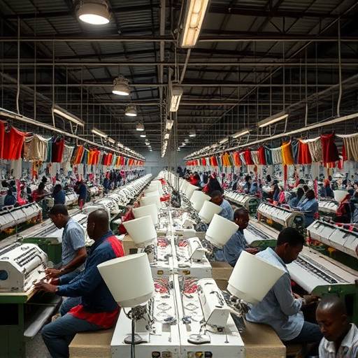 Interior of a textile factory in Uganda with workers operating machinery