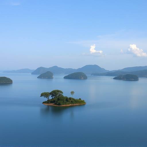 Lake Bunyonyi with small islands dotting the still water