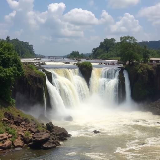 Murchison Falls with a powerful waterfall flowing into the Nile River