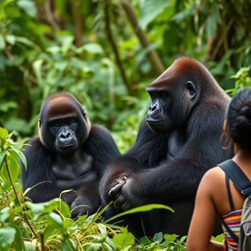 Tourists taking photos of gorillas in Bwindi Impenetrable National Park, Uganda